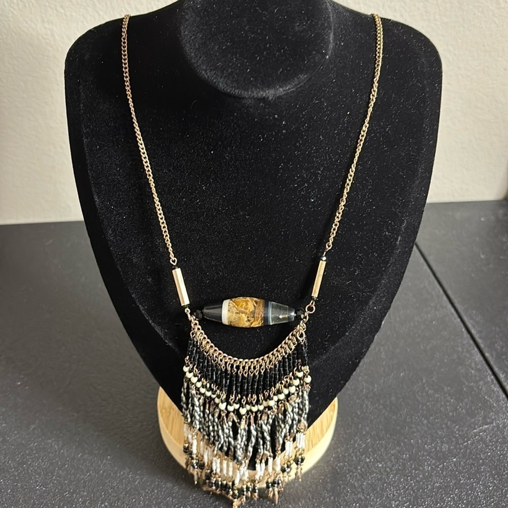 Unique Boho Lucite Tassel Long Gold Tone Necklace Artisan Chain​​